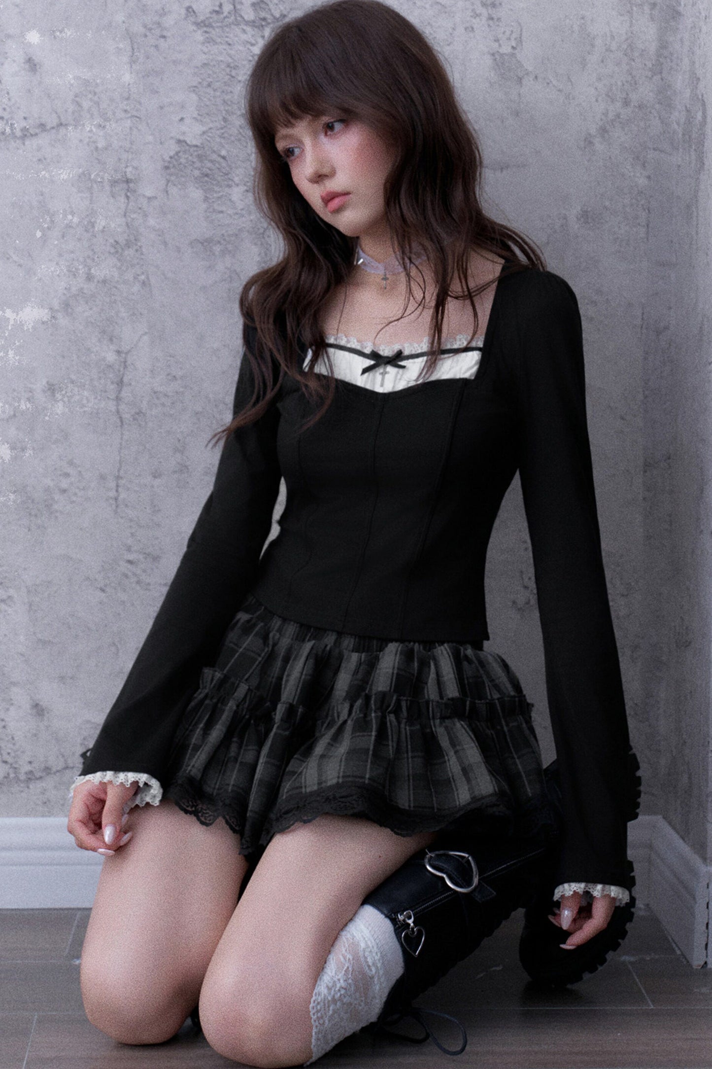 Gray Black Plaid Three-Layer Puffy Skirt