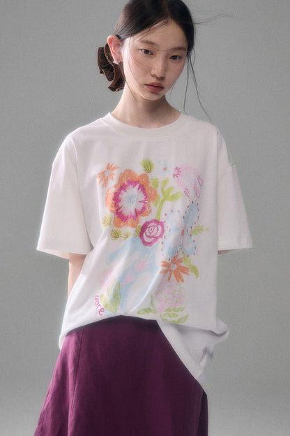 Hand-Painted Floral Bird Embroidered T-Shirt