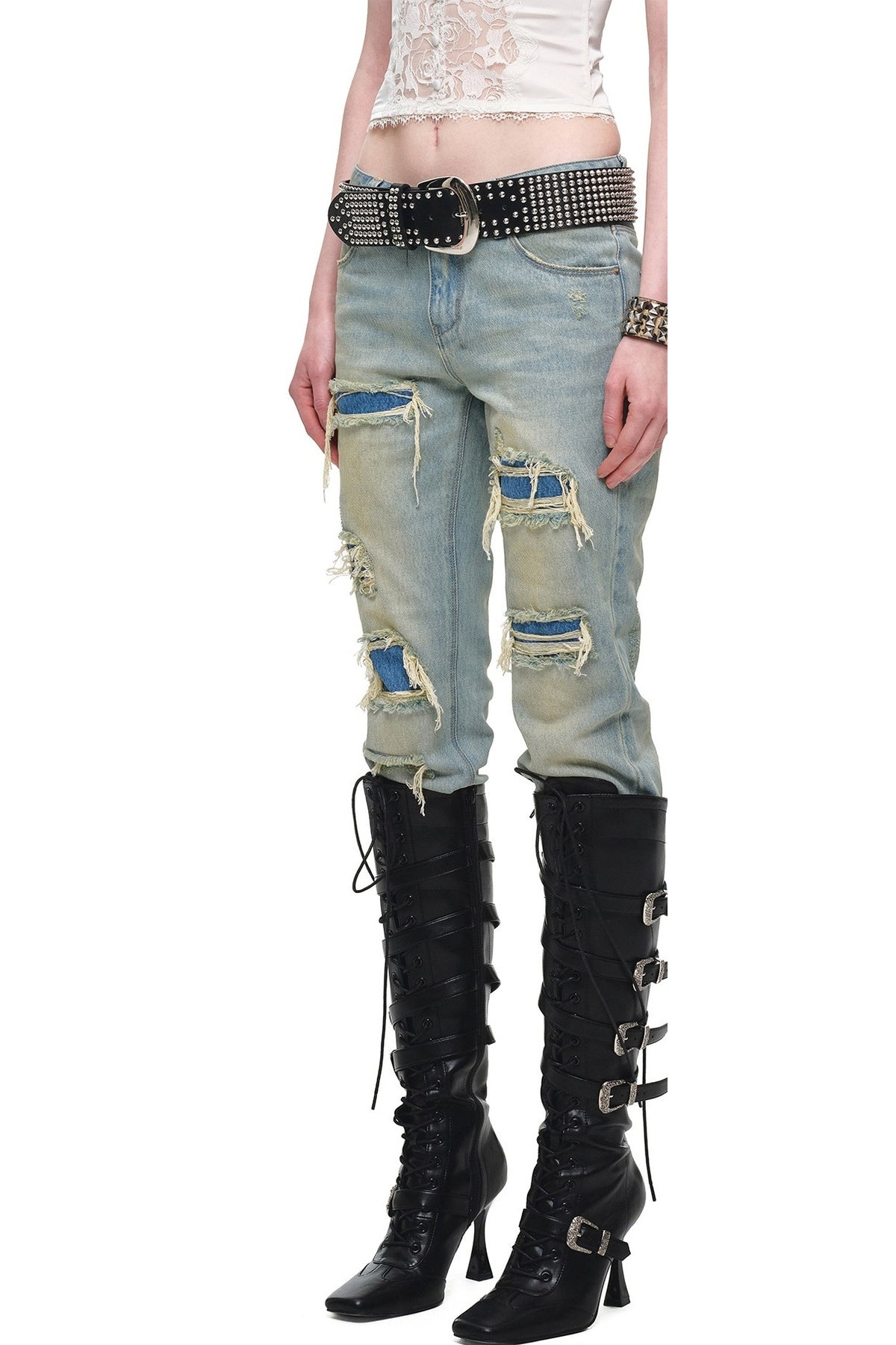 Lace-Up Metal Buckle Stiletto Boots