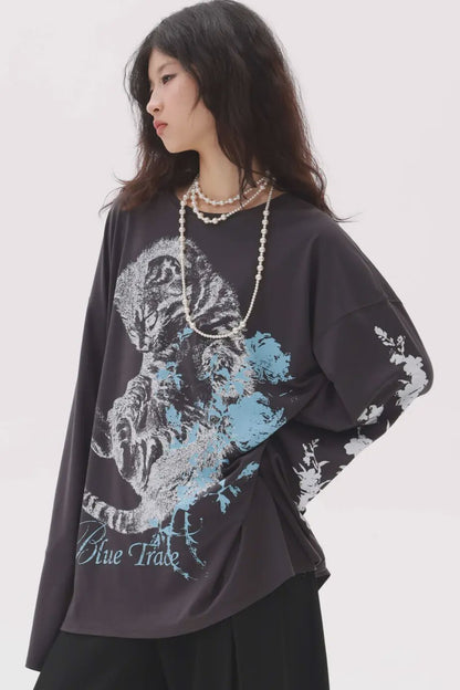 Distressed Cat Floral Long-Sleeve T-Shirt