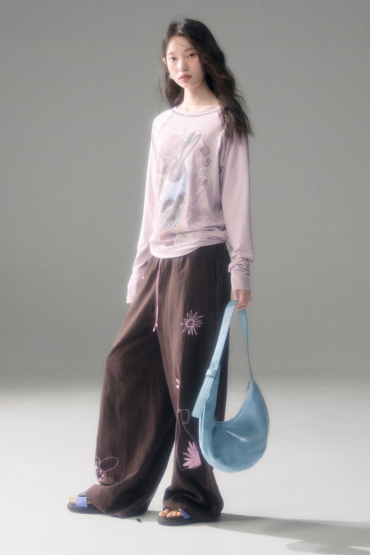 Bunny Print Tencel Long-Sleeved T-Shirt and Pants Set-Up