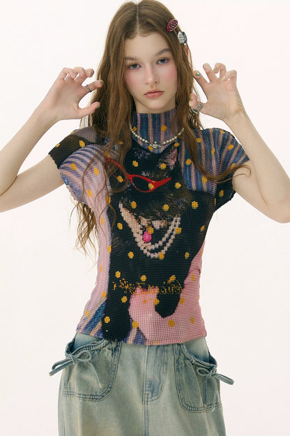 Polka Dot Pleated T-Shirt