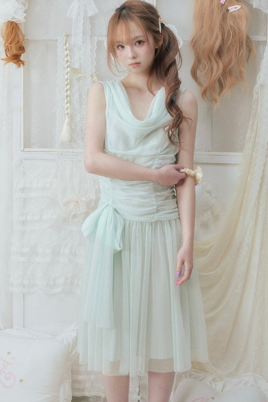Mint Green Pleated Mesh Dress