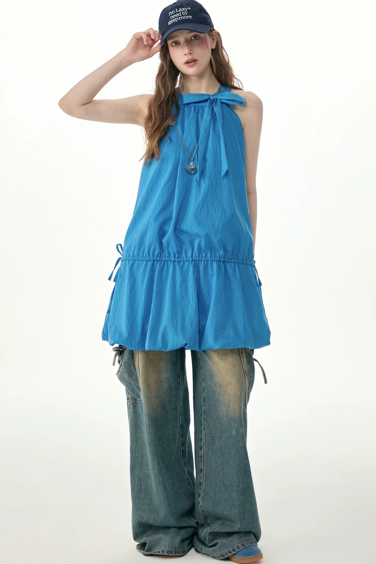 Blue Halter Bow Sleeveless Dress