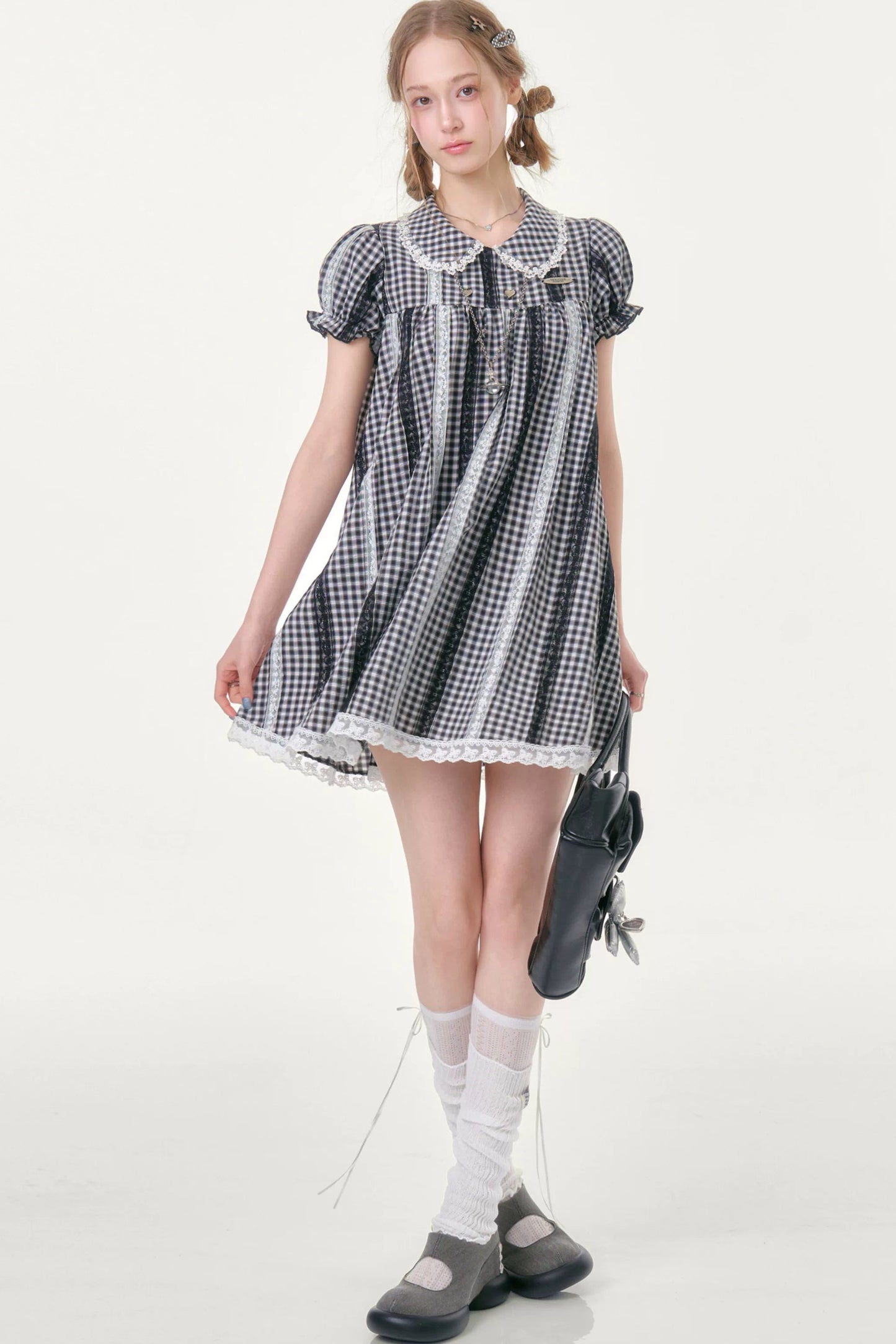Retro Plaid Lace Puff Sleeve Dress