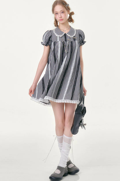 Retro Plaid Lace Puff Sleeve Dress