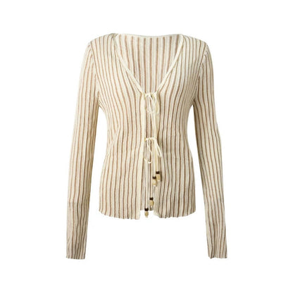 Apricot Striped V-Neck Tie Cardigan