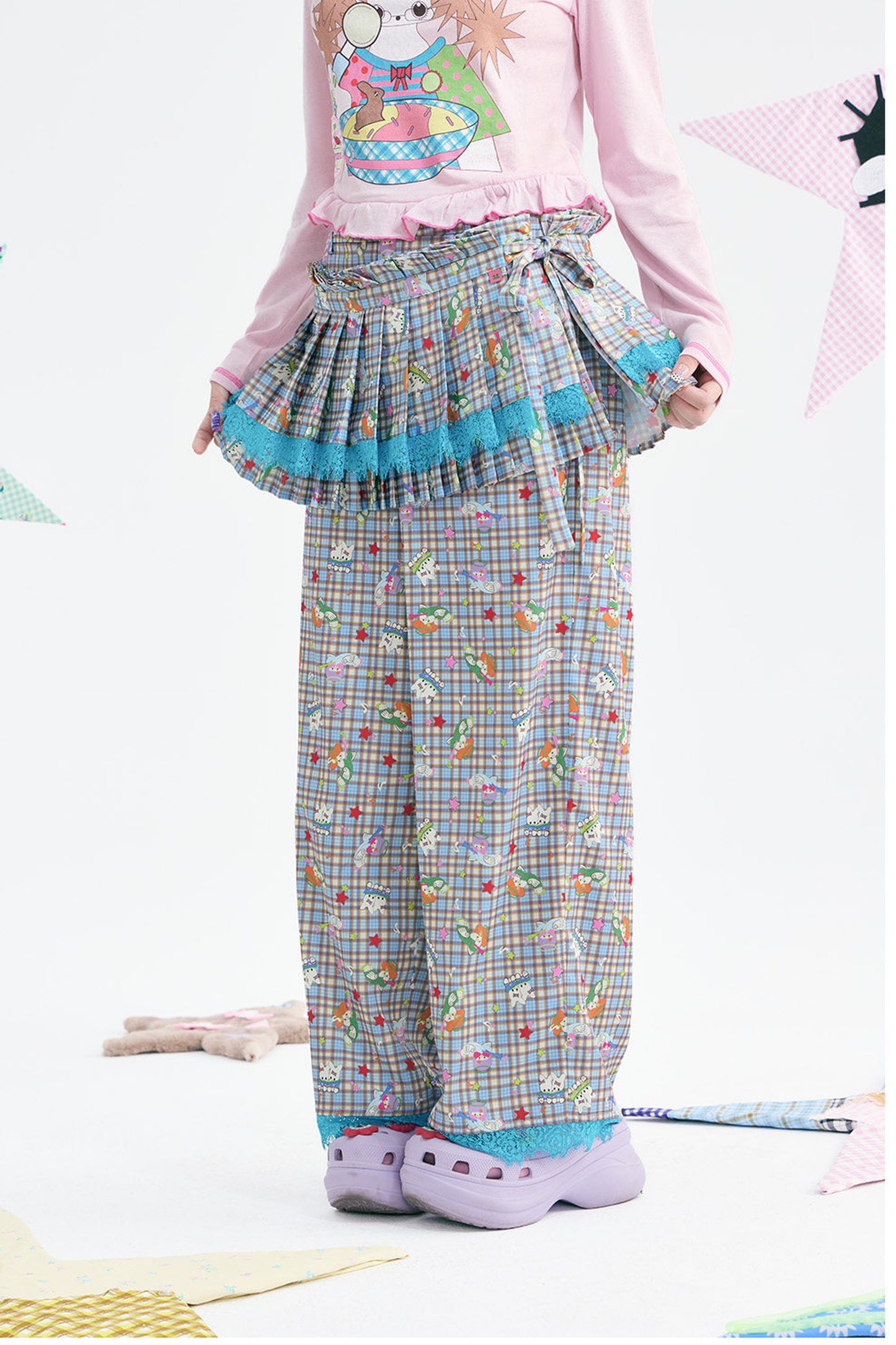 Plaid Layered-Look Lace Pants Set-Up