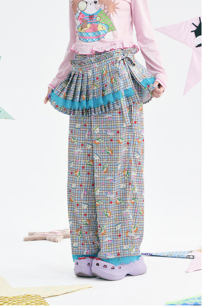 Plaid Layered-Look Lace Pants Set-Up