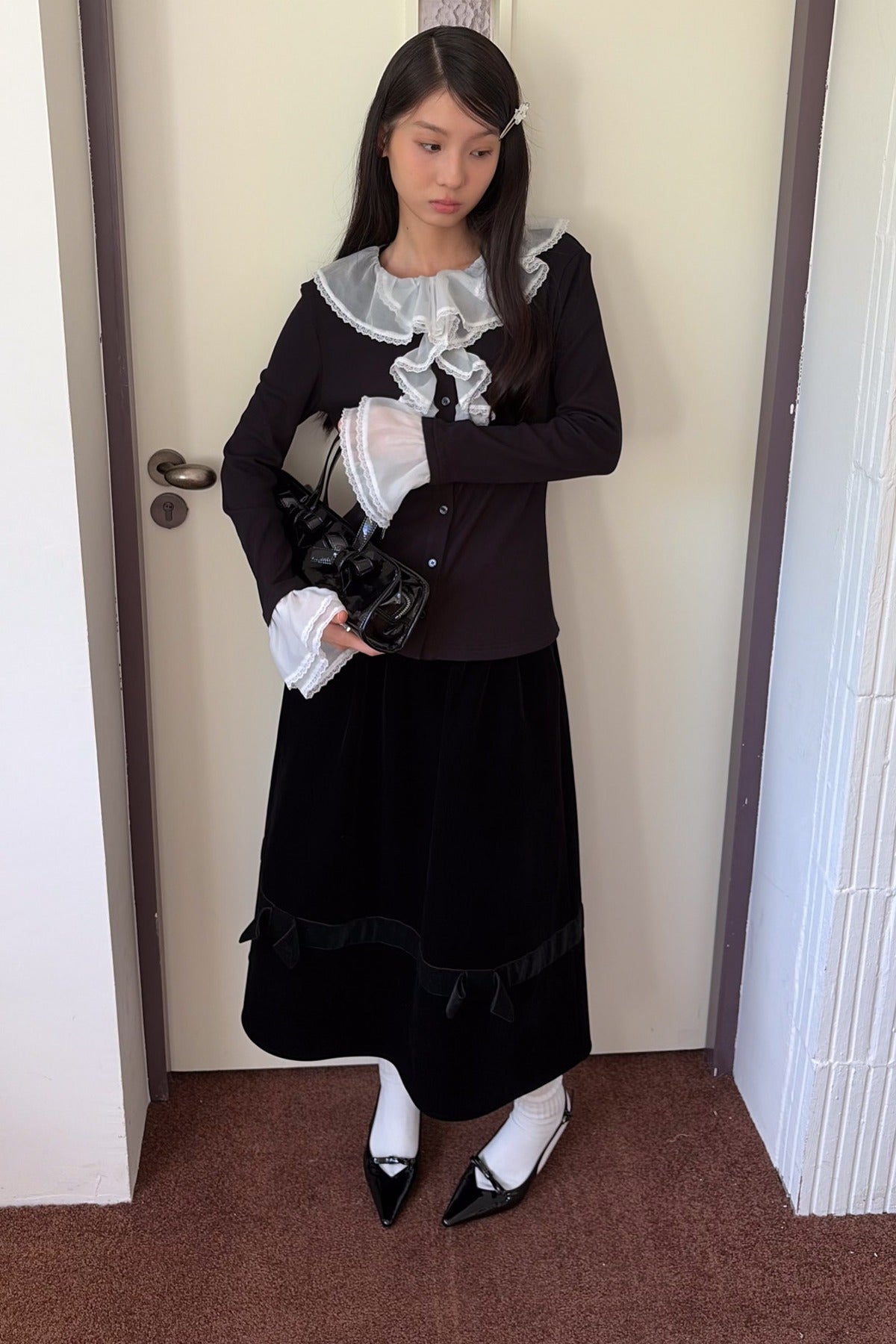 Lace Patchwork Ruffle Sleeve Cardigan