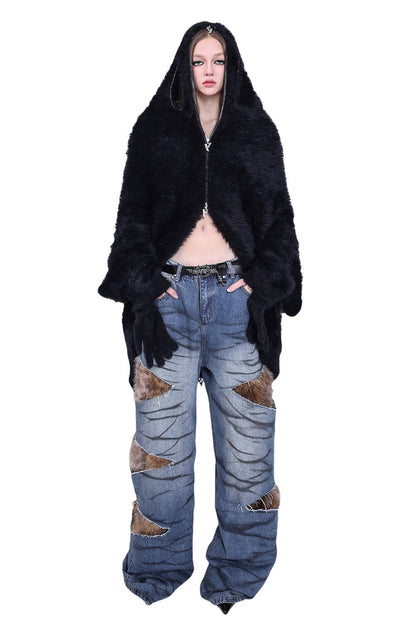 Leopard Fur Patched Loose Denim Jeans