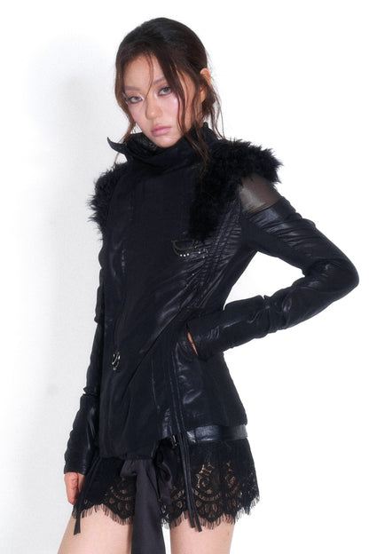 Spliced Fur Collar Scimitar Sleeve Top