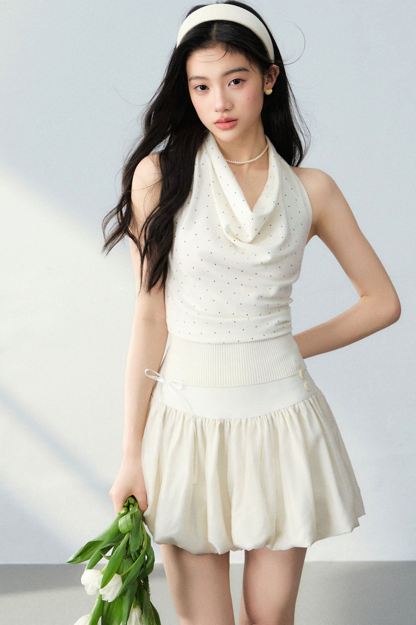 Polka Dot Halter Top and Beige Skirt Set-Up