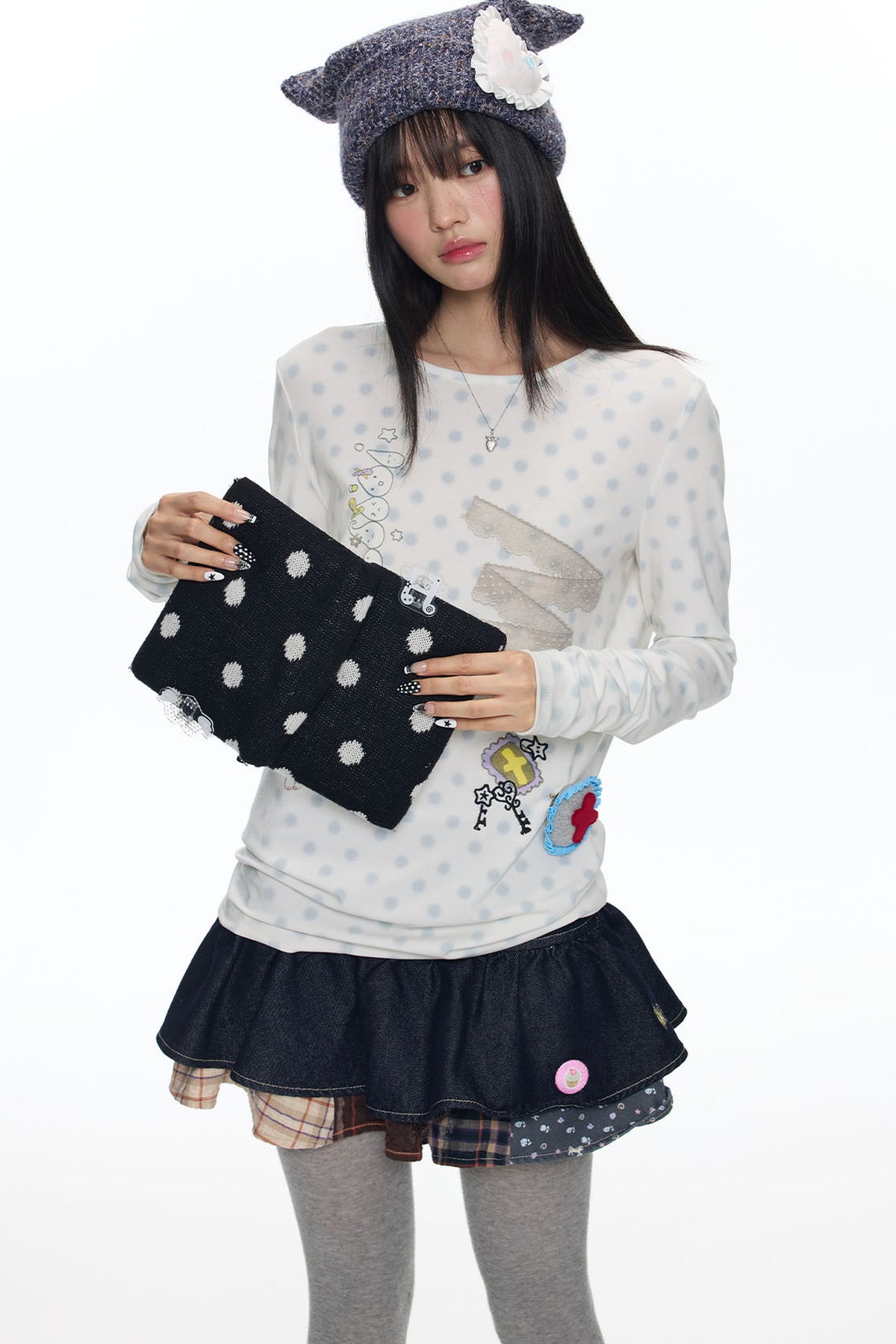 Polka Dot Lace Patchwork Long Sleeve T-Shirt