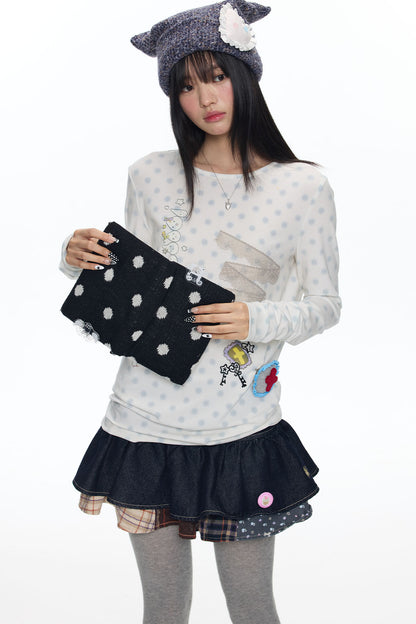 Polka Dot Lace Patchwork Long Sleeve T-Shirt