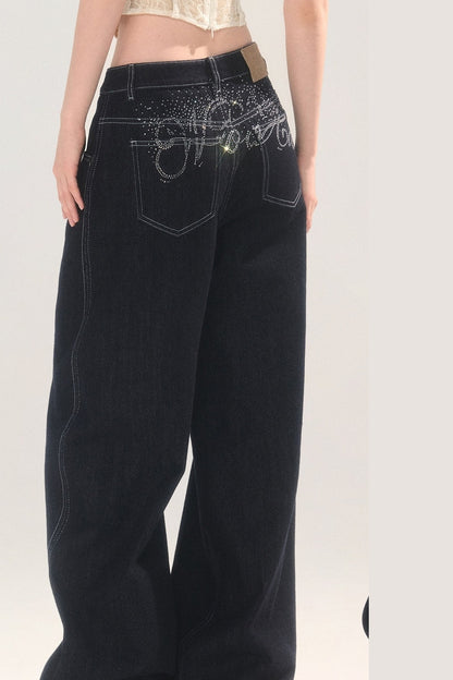Rhinestone Wide-Leg Denim Pants