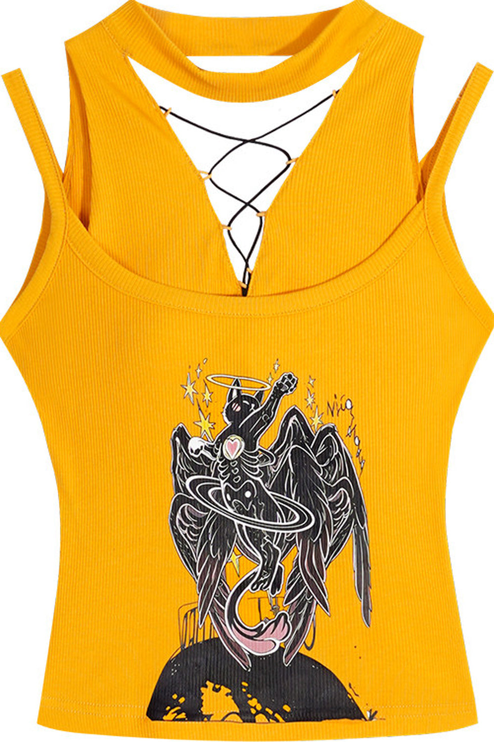 Yellow Sleeveless Lace-Up Graphic Tank Top