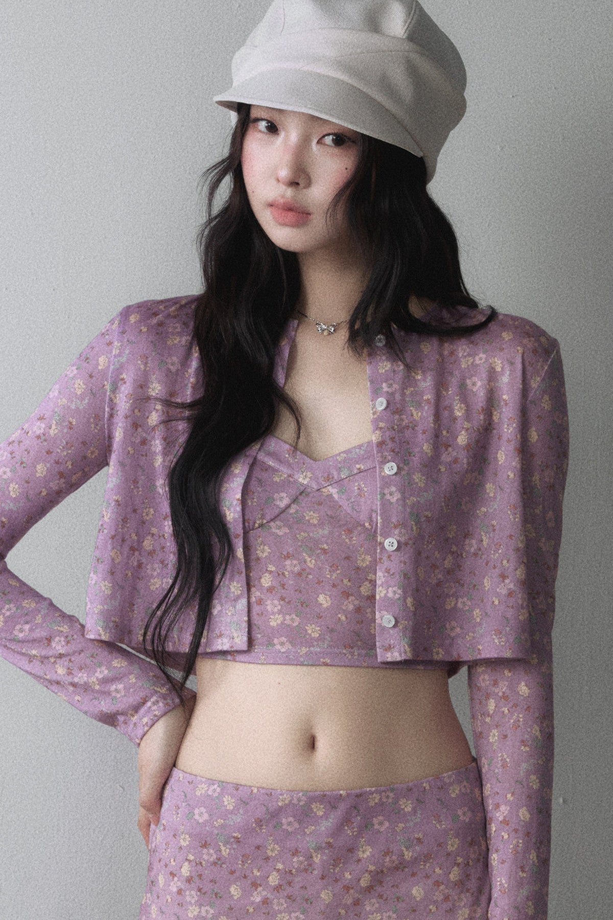 Purple Floral Knit Cardigan and Bodycon Skirt Set-Up