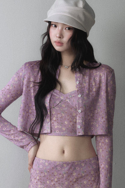 Purple Floral Knit Cardigan and Bodycon Skirt Set-Up