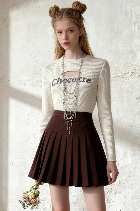 Cutout Knit Top and Pleated Skirt Set