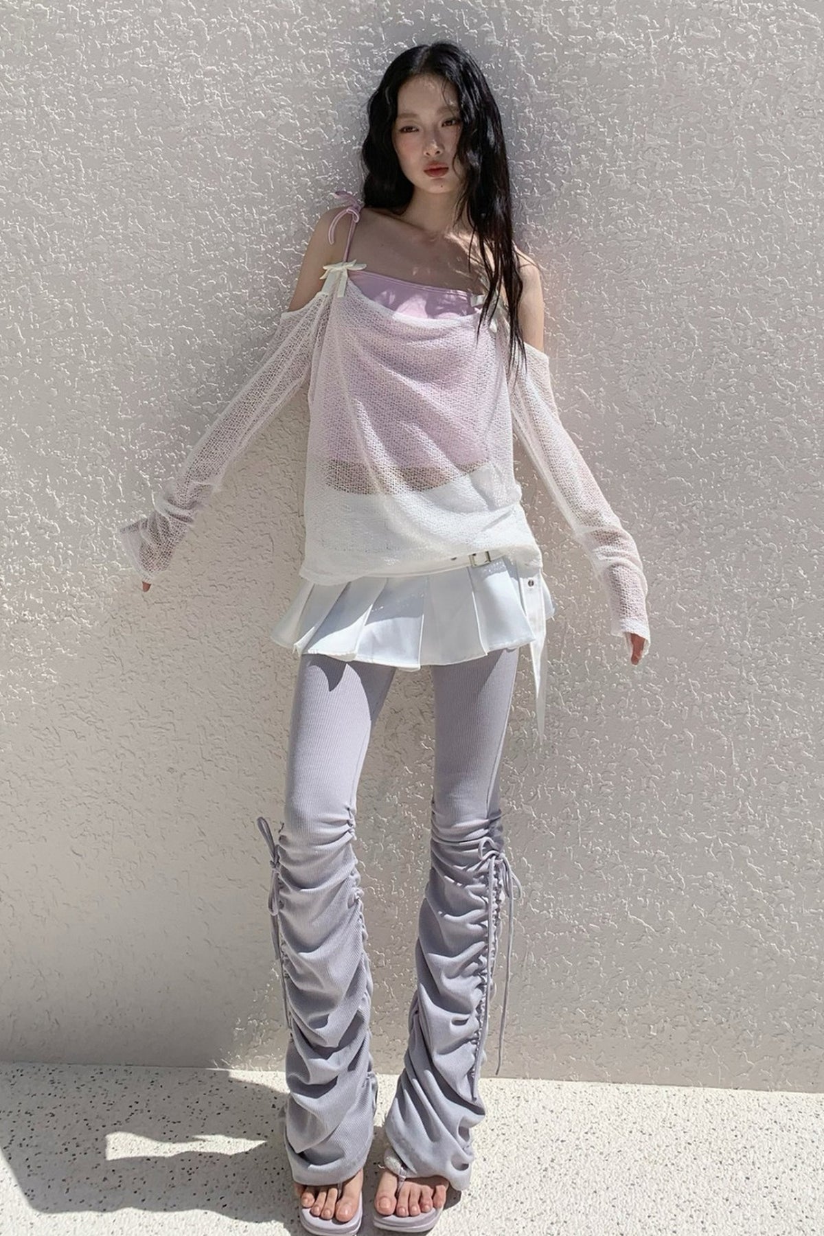 Schulterfreies Mesh-Camisole mit Schleifenband und Überwurf-Set