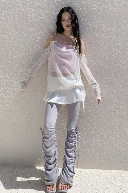 Schulterfreies Mesh-Camisole mit Schleifenband und Überwurf-Set