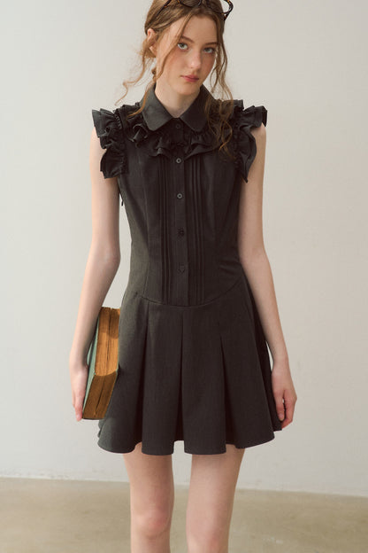 Robe rétro gris foncé à col à volants
