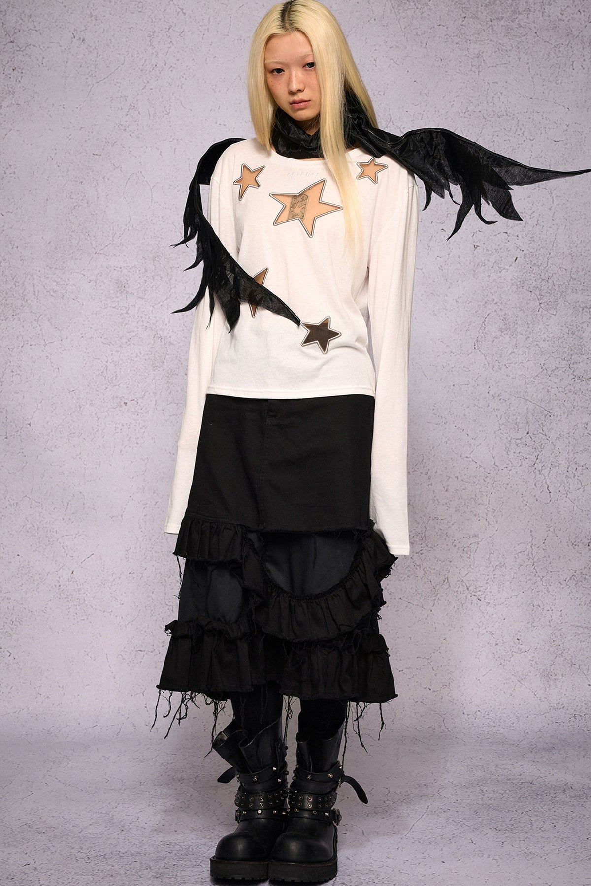 Star Hollow Mesh Embroidery Long-Sleeved Top
