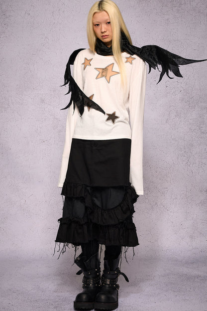 Star Hollow Mesh Embroidery Long-Sleeved Top