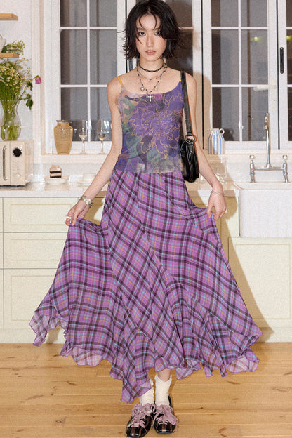 Asymmetrical Color-Block Plaid Chiffon Skirt