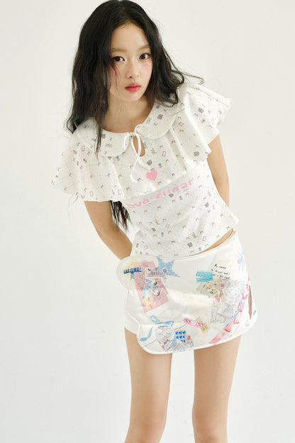 Print Ruffle Collar Top