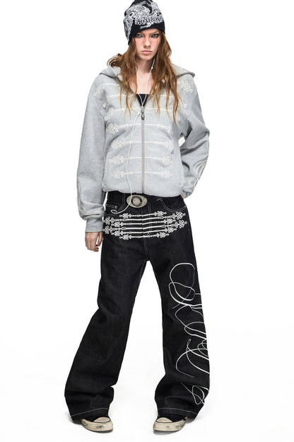 Rope Embroidery Flared Jeans
