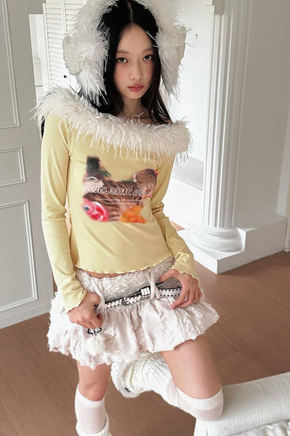 Long Sleeve Cat Print Furry Top
