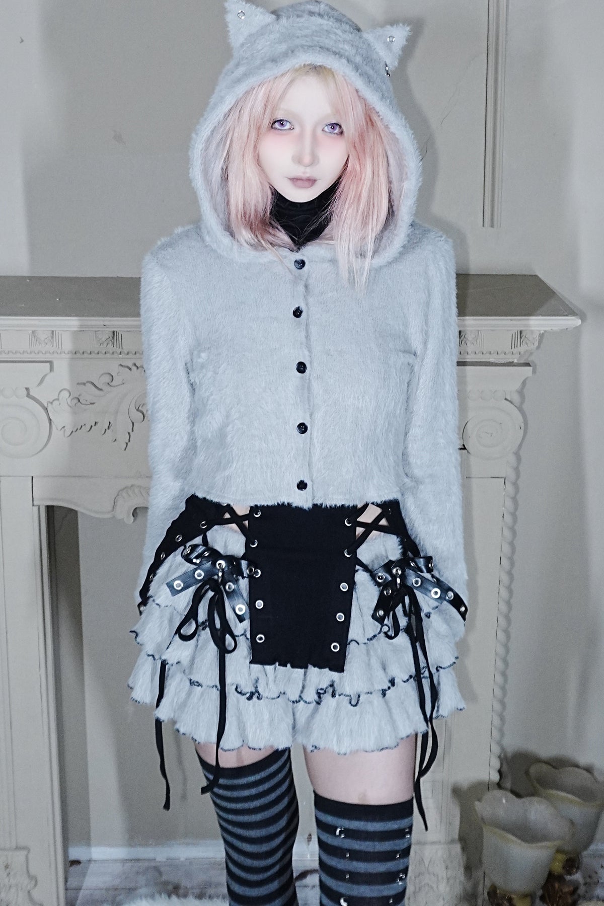 Plush Hooded Cat Ear Cardigan and Skirt Set-Up