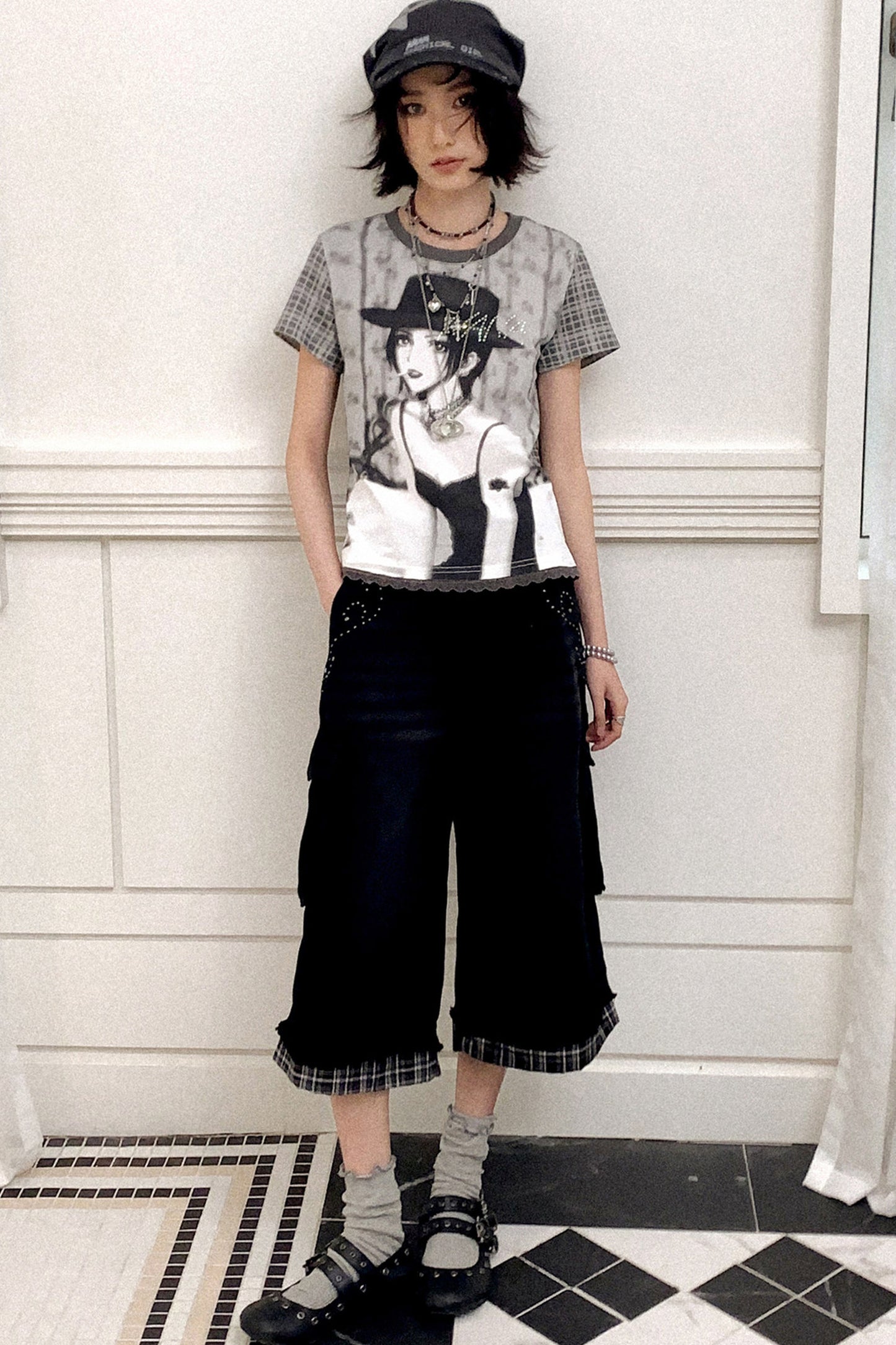 Patchwork Plaid Rhinestone Jeans