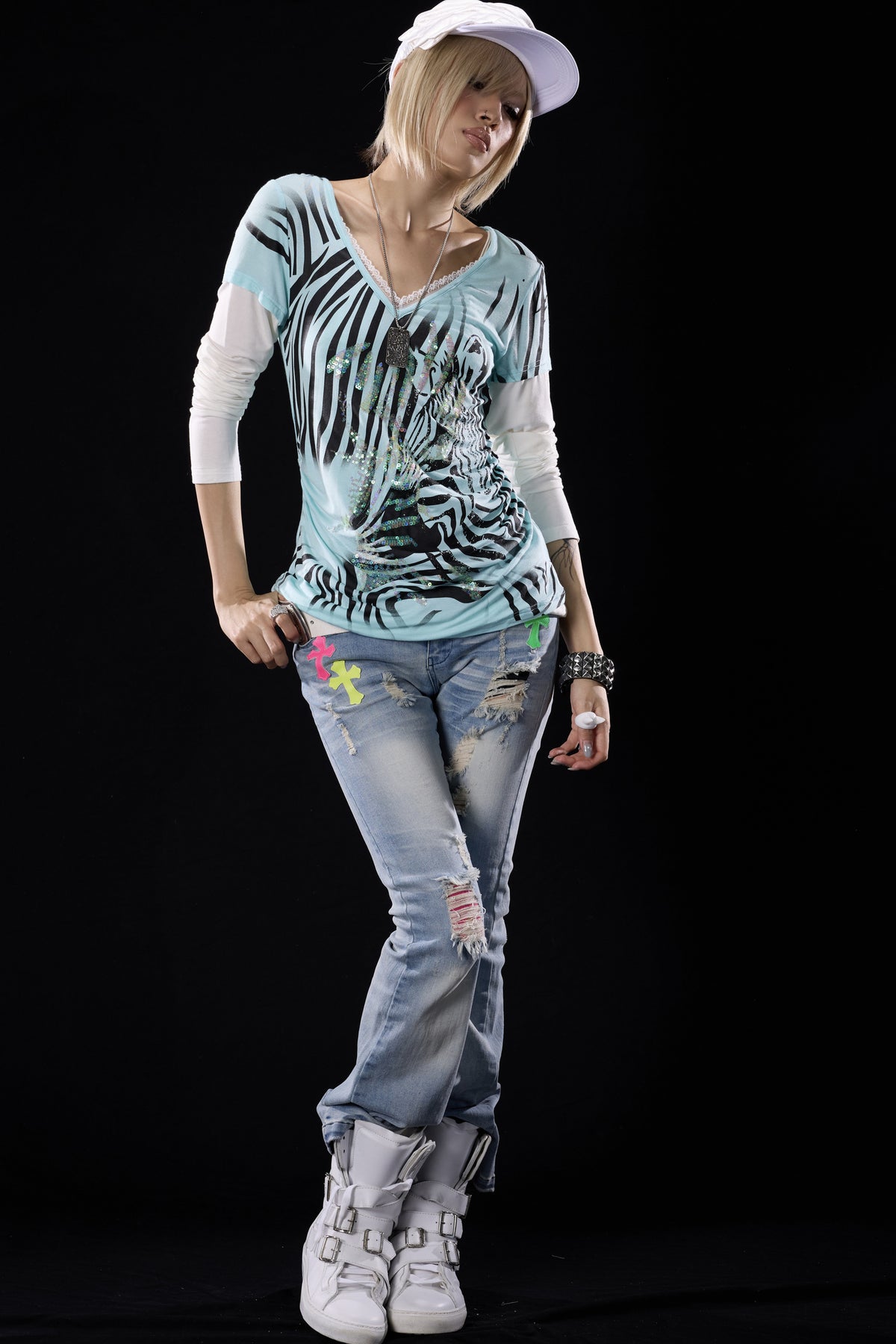 Zebra Print Layered-Look Long Sleeve T-Shirt
