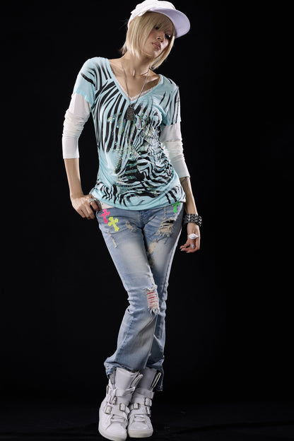 Zebra Print Layered-Look Long Sleeve T-Shirt