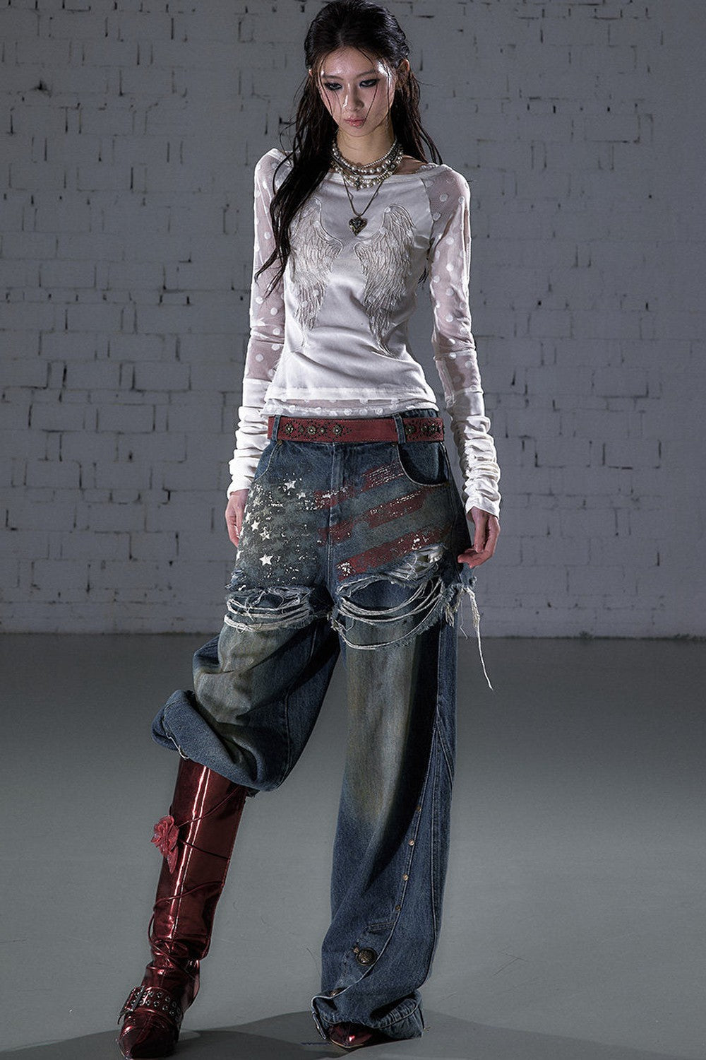 Baroque Flocked Wing Embroidered Blouse