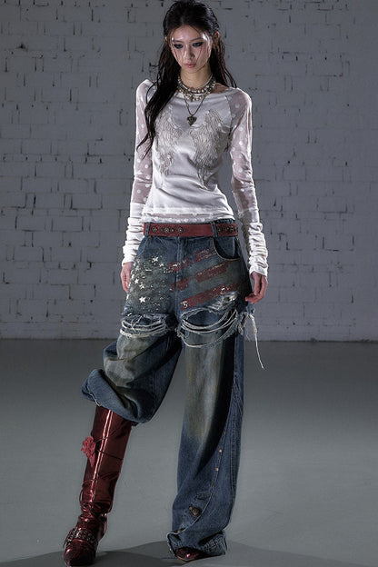 Baroque Flocked Wing Embroidered Blouse