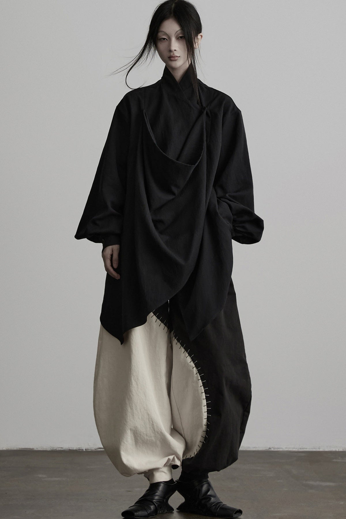 Dark New Chinese Style Draped Pleated Shirt