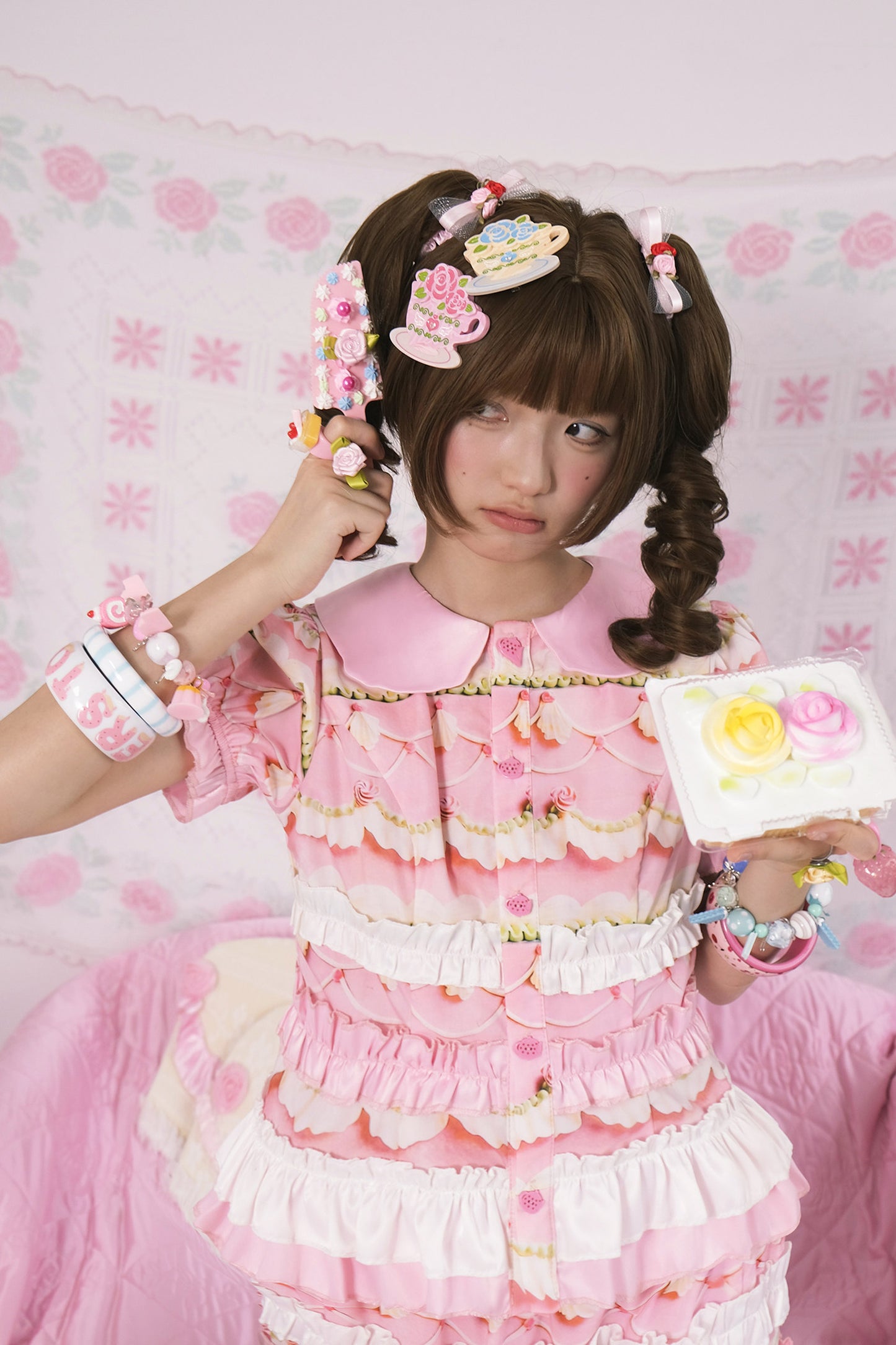 Rose Print Bubble Sleeve Blouse and Cake Skirt Set