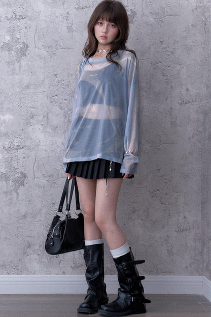 Blue Sparkling Mesh Sweatshirt Style Top