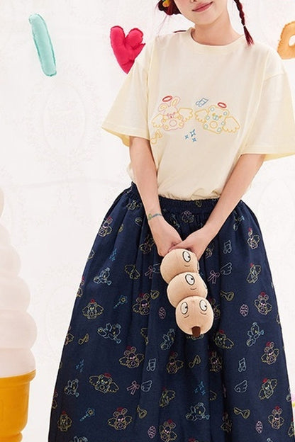 Animal Angel Print Denim Skirt