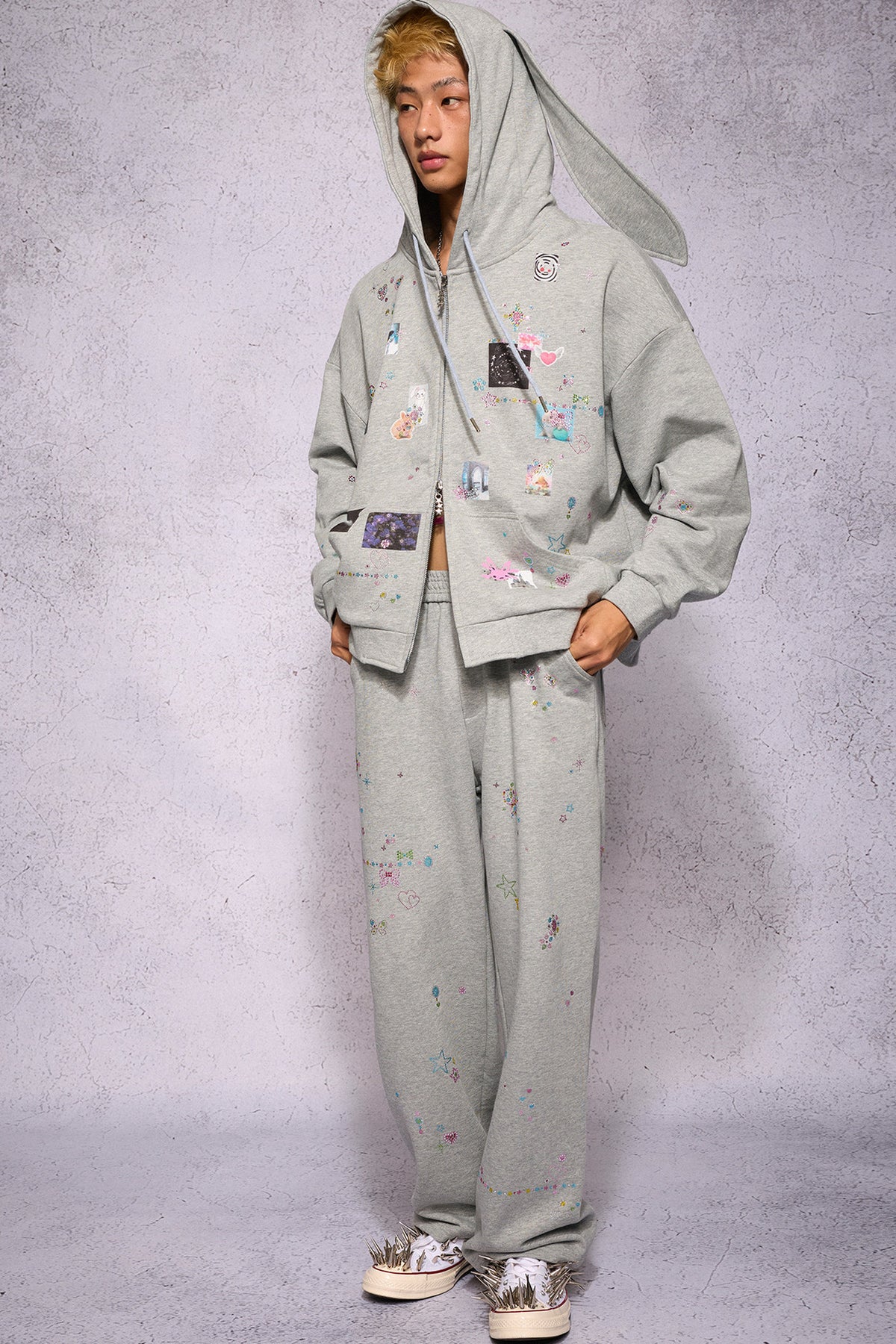 Bunny Ear Rhinestone Sticker Sweat Jacket