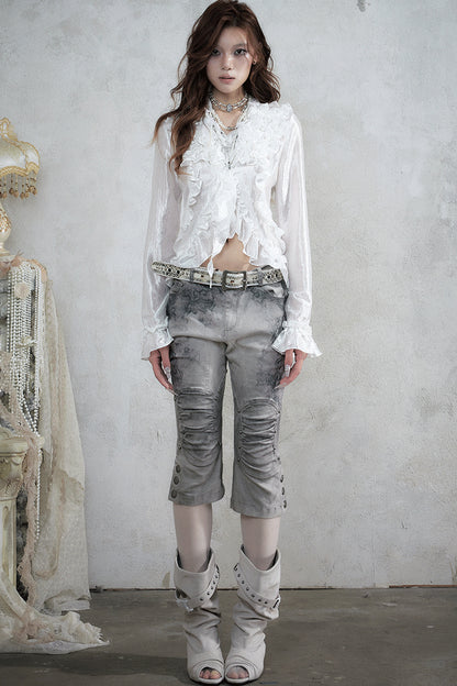 Vintage Distressed Lace Cropped Pants