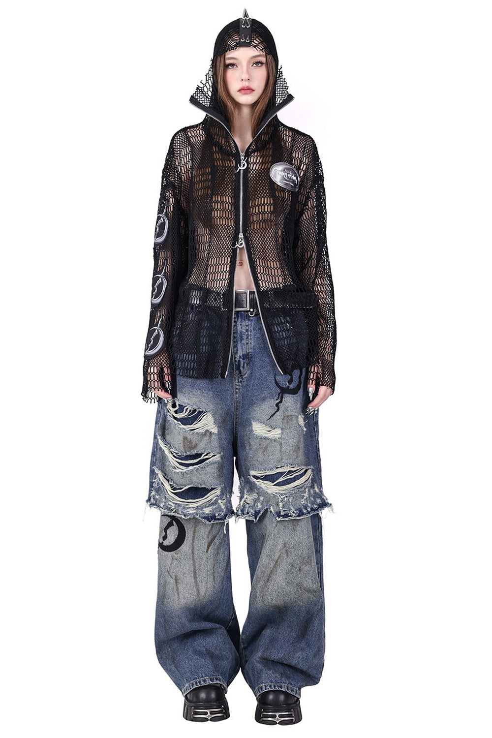 Rivet Hooded Mesh Patch Embroidery Jacket