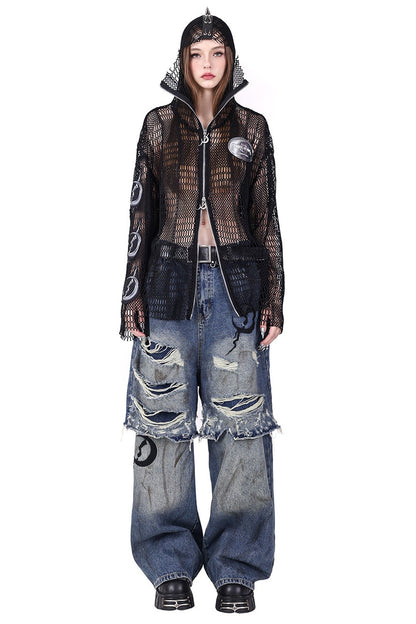 Rivet Hooded Mesh Patch Embroidery Jacket