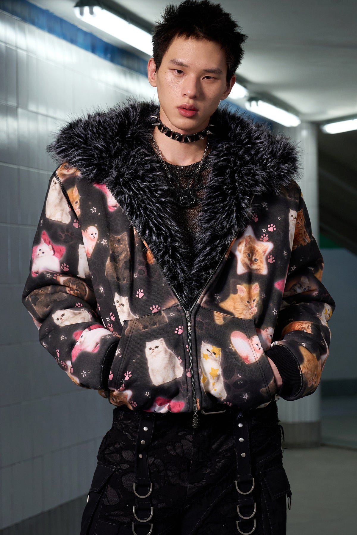 Cat Print Reversible Fur Coat