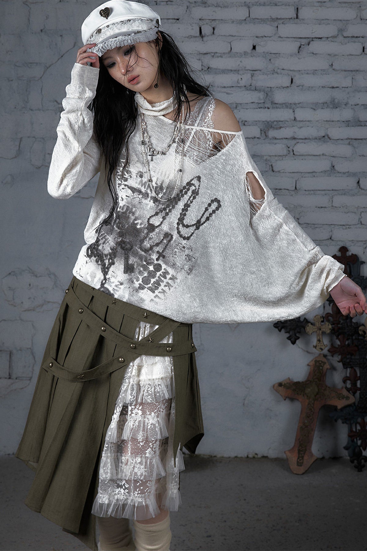 Ripped Off-Shoulder Punk Print Knit Top