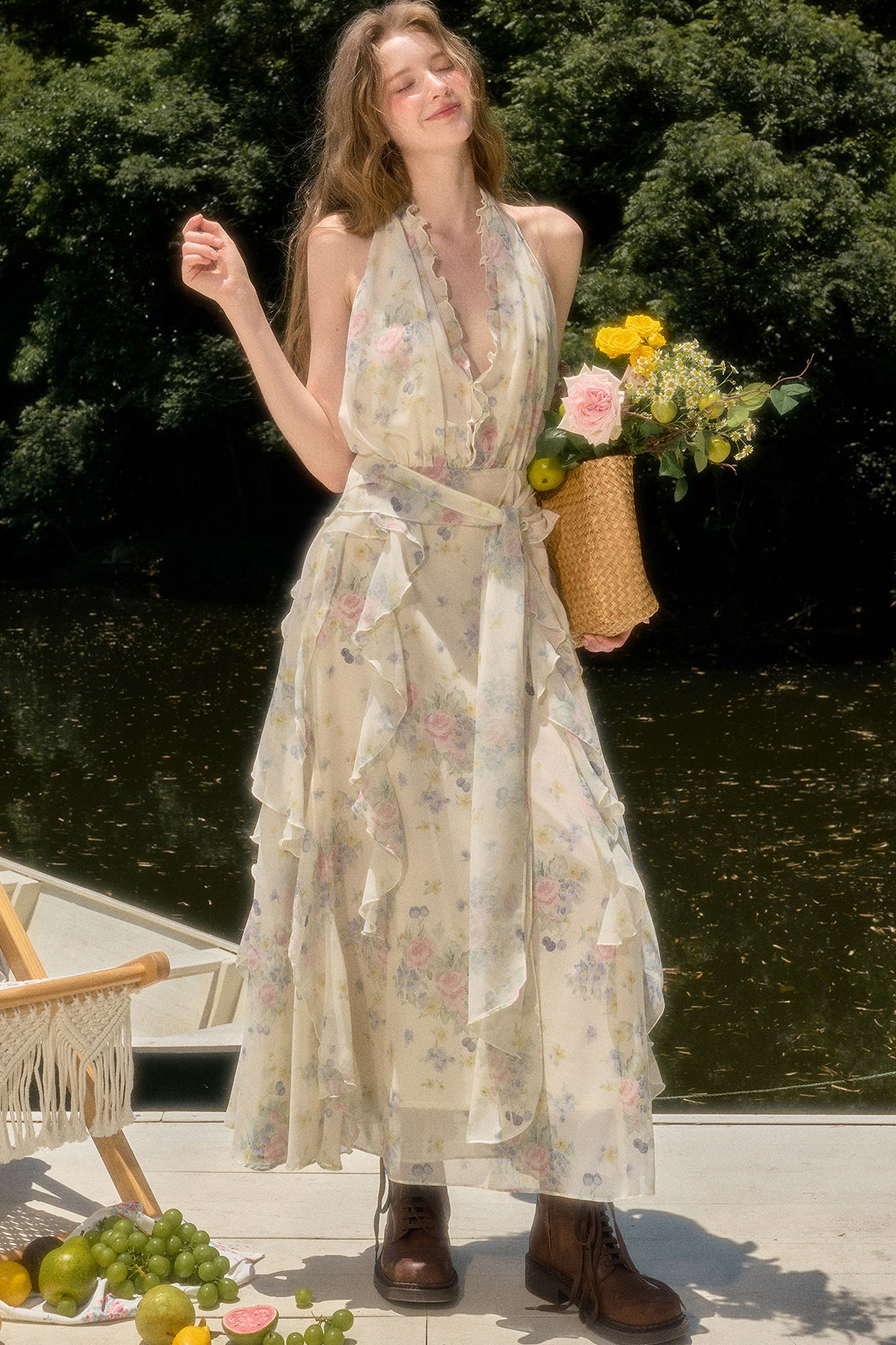 Floral Ruffle Sleeveless V-Neck Dress
